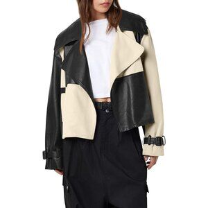 Womens Black Tankaneo Leather Cropped Jacket Oversized Color Block Motorcycle
